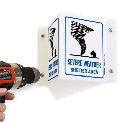 Severe Weather Shelter Area Projecting Sign 5 By 6 Inch Acrylic Outdoor Heavy Duty Direct Printed Safety Sign being installed