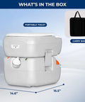 Dimensions of 5.8 Gallon Portable Camp Toilet For Adults With Detachable Waste Tank, shown with carry bag.