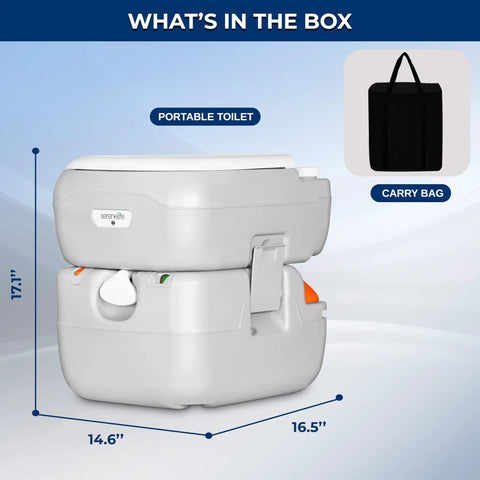 Dimensions of 5.8 Gallon Portable Camp Toilet For Adults With Detachable Waste Tank, shown with carry bag.