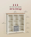 Hella Spacious Farmhouse Nine Cube Bookshelf With Heavy Duty Legs And Adjustable Shelves In Cloud White And Warm Brown dimensions diagram.
