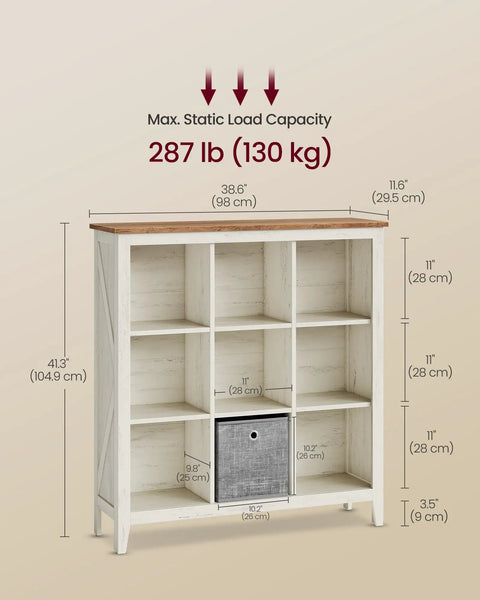 Hella Spacious Farmhouse Nine Cube Bookshelf With Heavy Duty Legs And Adjustable Shelves In Cloud White And Warm Brown dimensions diagram.