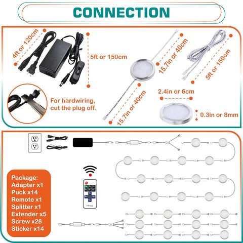 Under Cabinet Lighting Kit Easy Install with Dimmable Wireless RF Remote for Curio Display Case LED Puck Lights link diagram