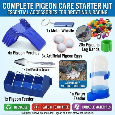 All In One Pigeon Care Starter Kit With Perches Leg Bands Dummy Eggs Waterer And Feeder Premium Birdie Accessories display