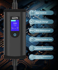 Level 2 EV Charger With App Control 32 Amp Portable J1772 Evse Nema 14 50 Plug Plus 5 15 Adapter 25 Foot Cable Smooth Operator Design black with features on a circuit background.