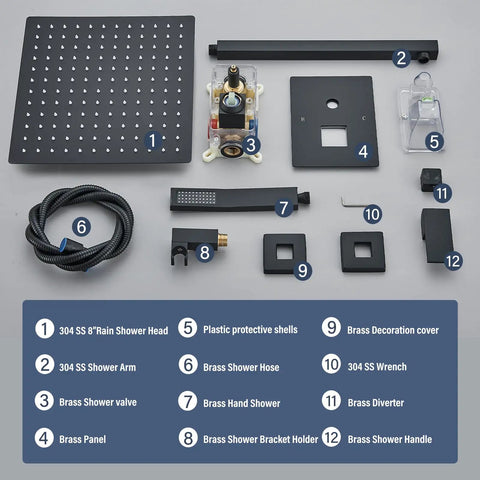 Components of Matte Black Shower System With 12 Inch Rain Shower Head And Handheld Spray Brass Valves 14 Inch Shower Arm