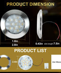 Dimensions and parts of 2 In 1 LED Marine Courtesy Light For Boat Interior With 2.8 Inch Ceiling Light And 11 LEDs, Cool White To Warm White.