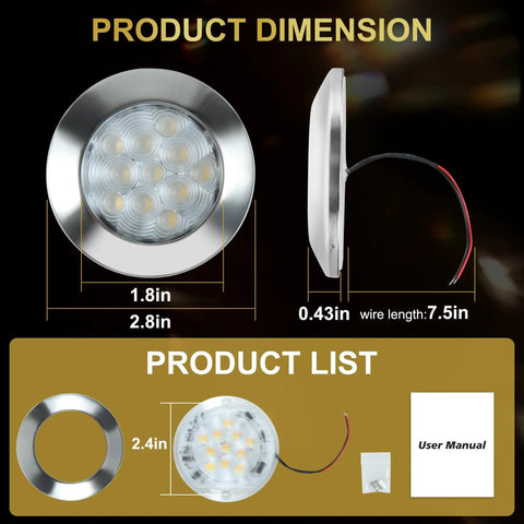 Dimensions and parts of 2 In 1 LED Marine Courtesy Light For Boat Interior With 2.8 Inch Ceiling Light And 11 LEDs, Cool White To Warm White.