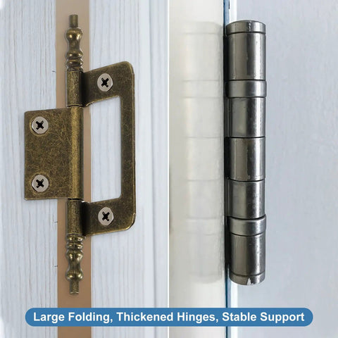 Premium Bronze Iron Butt Hinges Non Mortise Cabinet Door Hardware Sturdy Cupboard Lifts 8 Piece Pack showing brass and silver hinges.
