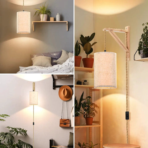 Hemp Rope Plug In Wall Lights Set Of Two With Wood Shelf Brackets Farmhouse Pendant Sconces for Bedroom Neutral Decor