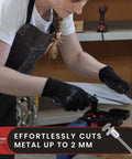 Person using Drill Attachment Nibbler For Flat And Corrugated Sheet Metal Up To 14 Gauge Safe Burr-Free Cut on metal sheet