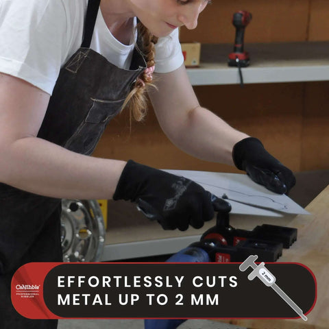 Person using Drill Attachment Nibbler For Flat And Corrugated Sheet Metal Up To 14 Gauge Safe Burr-Free Cut on metal sheet