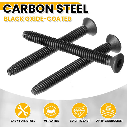 Close-up of 200 pcs 1/4-20 x 2-1/2 self-tapping trailer deck screws flat head with star drive T-30, black oxide-coated.