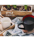 Set Of Six Ceramic Coffee Mugs 12 Oz For Home And Office Modern Matte Black Exterior With Bright Interior in kitchen setting
