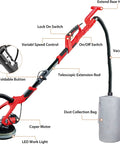 Electric Drywall Sander With Vacuum And LED Lights 750W Pro Grade Power Foldable Handle And Extendable Pole with features labeled