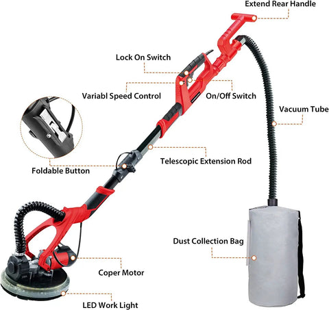 Electric Drywall Sander With Vacuum And LED Lights 750W Pro Grade Power Foldable Handle And Extendable Pole with features labeled