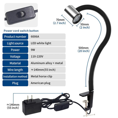 Led C Clamp Work Light With Flexible Gooseneck IP65 Waterproof 900 Lumen LED Lamp, black flexible neck, metal clamp, switch