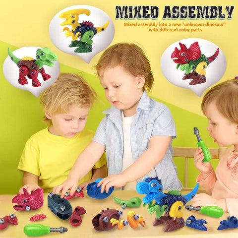 Children assembling Take Apart Dinosaur Building Kit With Electric Drill For Kids 4 Pack Dinos STEM Educational Construction Toys