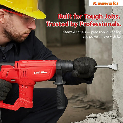 Man using SDS Plus rotary hammer with chisel from 7 Piece SDS Plus Chisel Set With Case For Concrete Tile And Masonry 10 Inch Rotary Hammer Chisels Heavy Duty Pro Grade Heat Treated Steel Includes Point Flat Grooving Scraping Tile And 3 Inch Scaling Chisel on concrete wall.