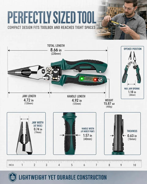4 In 1 Wire Stripping Pliers With LCD Voltage Display, Heavy Duty Steel Workhorse Multitool For Electricians, Foldable Cable Cutter, Crimping, Cutting And Wire Testing, 12 To 250V, 220mm