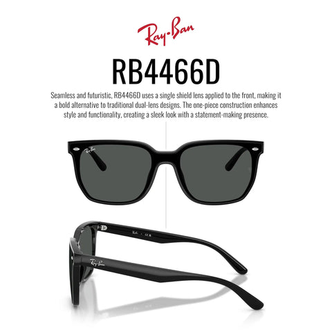 RB4466D Shield Sunglasses Black Dark Grey 47mm Wide Fit with single shield lens on white background