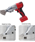 Banapoy Cordless Metal Shears Electric Cutting Scissors With 360 Degree Pivoting Head Variable Speed Control Led Light For Stainless Steel Iron Carpet Leather Type 3 Power Tool showing straight and curved cutting options.