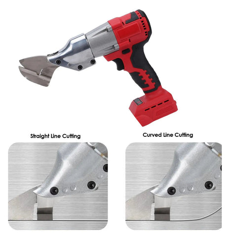 Powerful Cordless Metal Shears With 360 Degree Pivoting Head Variable Speed Electric Cutter showing straight and curved line cutting options.