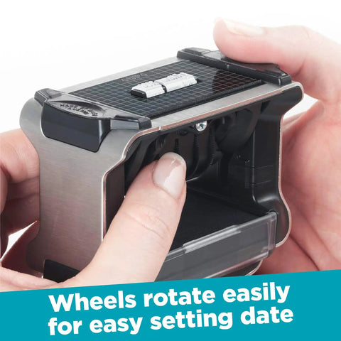 Heavy Duty Self Inking Date Stamp With Snap Cover Crisp Blue Ink Markings Valid Through 2033 For Daily Office Use Fast Rotation Ring showing date wheels being adjusted.