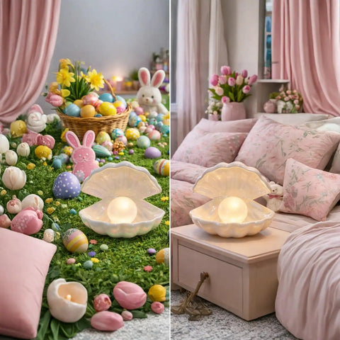 Ceramic Shell Pearl Light LED Clam Tabletop Lamp for Beach Room Decor displayed in cozy bedroom with Easter decorations.