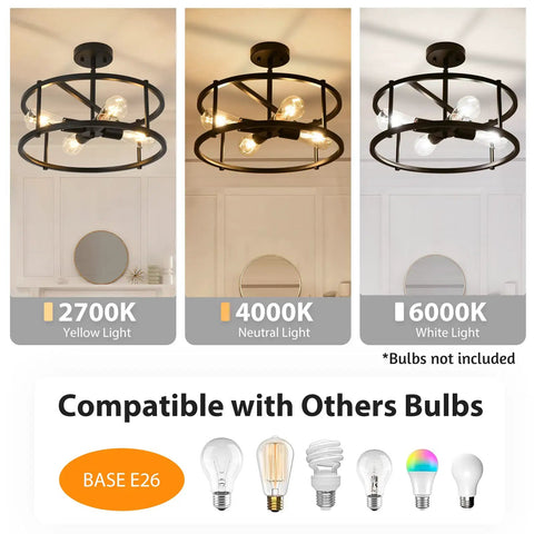 Black Semi Flush Mount Ceiling Light With Four Lights For Dining Room Kitchen And Bedroom Dope Vintage Farmhouse Industrial Close To Ceiling Chandelier For Sloped Ceilings Durable Metal Fixture showing different bulb compatibility and color temperatures
