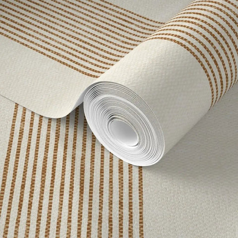 Level Up Your Space With Cream Modern Gold Matte Linen Wallpaper Game Changer PVC Free Durable Wall Covering Pro Grade Paste To Paper Design For Living Areas, rolled wallpaper with subtle beige linen texture and brown stripes.