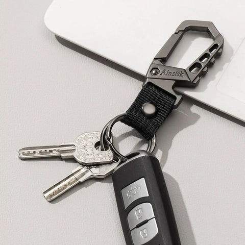 Heavy Duty Key Chain With Bottle Opener, Tough Car Keychain Set featuring metal snap hook carabiner clip, dual key rings, black finish.