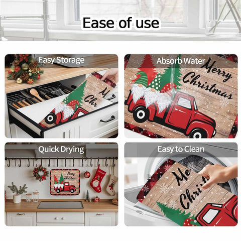 Festive Christmas Dish Drying Mat With Gnomes And Pine Trees For Kitchen Counter Absorbent Microfiber Pad 16 By 18 Inches