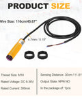 Industrial M18 Photoelectric Sensor With 30cm Diffuse Beam For Quick Setup, 6-36V DC, NPN NO Three-Line Proximity Switch