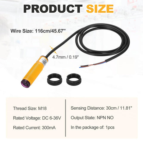 Industrial M18 Photoelectric Sensor With 30cm Diffuse Beam For Quick Setup, 6-36V DC, NPN NO Three-Line Proximity Switch