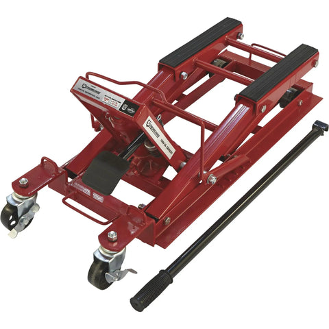Heavy Duty Hydraulic Motorcycle Lift And Utility Vehicle Stand With 1500 Lb Capacity Smooth Glide Pump Rock Solid Steel Frame Tough Paint Job For Garage Mechanics And Bike Lovers