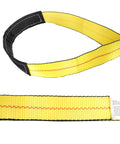 Close-up of 2 Pack 10 Foot Long Lifting Slings 2 Inch Wide Heavy Duty Nylon Web Slings With Flat Eye Ends For Hoist Tow Winch Truck Boat And ATV 10000 Pound Capacity Durable Nylon Low Stretch Abrasion Resistant showing yellow material with black flat eye end