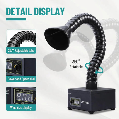 150W Solder Fume Extractor With Beast Suction Hose For Soldering, LED Display, Portable Filter System 360° adjustable view