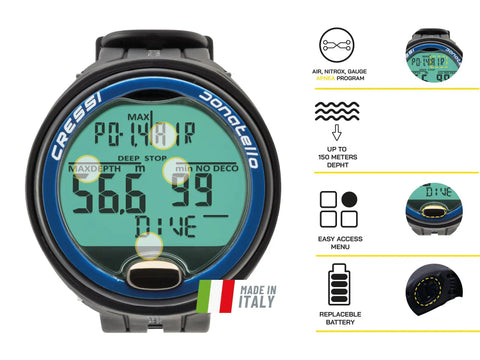 Donatello Wrist Dive Computer With Air And Nitrox Modes, HD Backlit Display, One Button Operation, Made in Italy