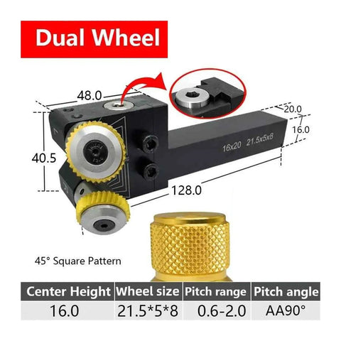 Adjustable Center Height Dual Wheel Knurling Tool For CNC Lathe Built For Tough Jobs, 16x20mm, 30 Degree Diamond And 45 Degree Square Patterns P2.0 Easy Install Smooth Operation For Industrial And Home Machining