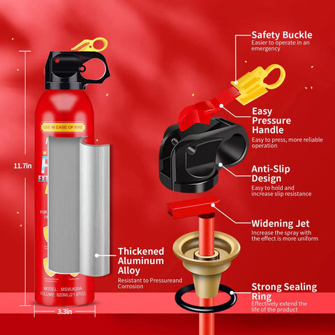 Slick Heavy Duty Fire Extinguisher Spray With Wall Bracket Snuffs Out Flames Fast And Stops Reignition Zero Hassle Cleanup For Car House Van Trailer Water Based Protection 620 Ml Bulk 24 Pack showing features like safety buckle and anti-slip handle.