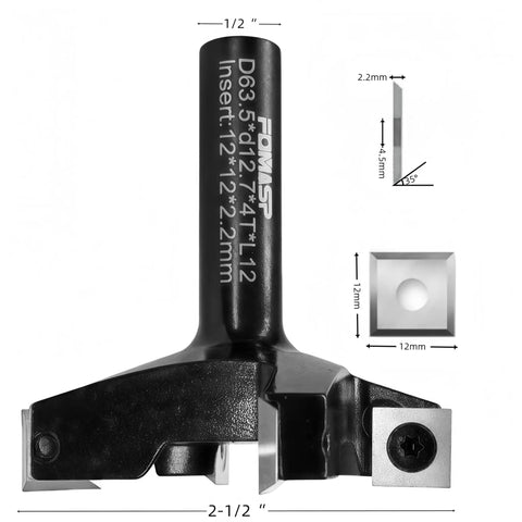 CNC Spoilboard Surfacing Router Bit With Half Inch Shank And Two And A Half Inch Cutting Diameter Replaceable Carbide Inserts