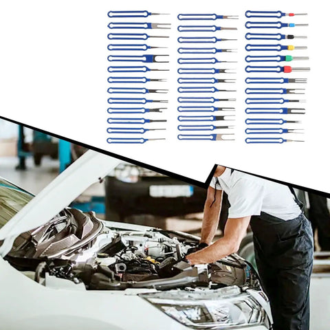 36 Piece Terminal Removal Tool Kit For Automotive And Household Electronics with blue handles and mechanic using kit on car engine