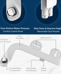 SlimEdge Non Electric Bidet Attachment For Toilet With Dual Front And Rear Nozzles Adjustable Water Pressure shown with nozzles and control knob