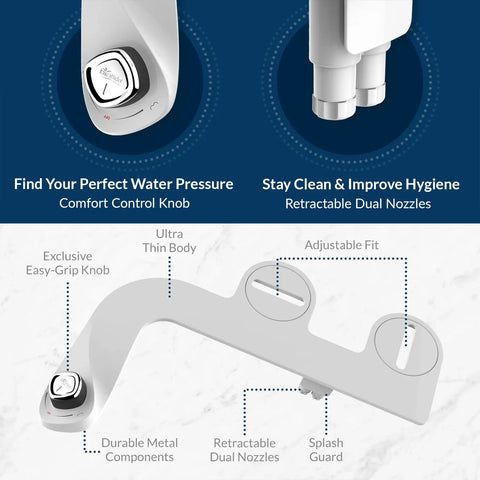 SlimEdge Non Electric Bidet Attachment For Toilet With Dual Front And Rear Nozzles Adjustable Water Pressure shown with nozzles and control knob