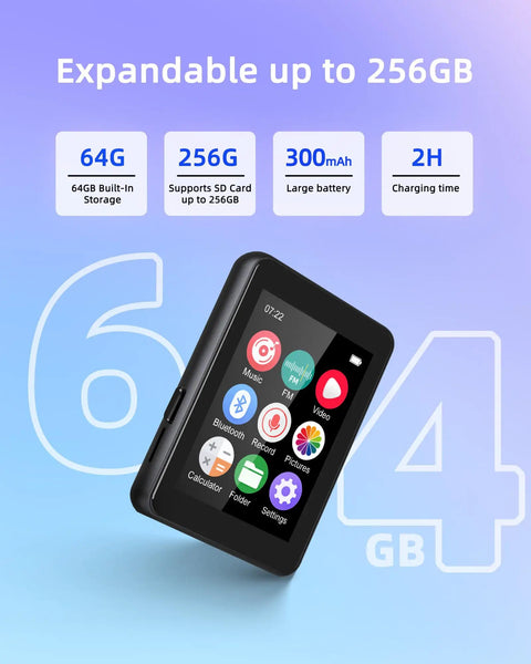 64GB Kid Friendly MP3 Player No WiFi, 2.4 Inch Portable Music Player For Kids, showing expandable storage options up to 256GB