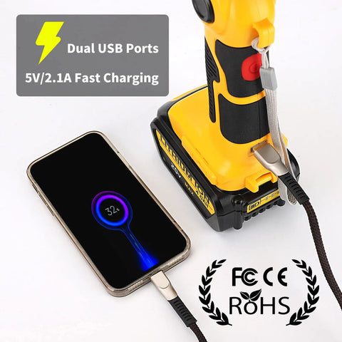 Lit 2000LM LED Work Light For Dewalt 20V Max Batteries charging phone via USB port, 25W flashlight, battery not included