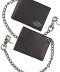 Rugged RFID Leather Bifold Chain Wallet For Men In Pebbled Black with heavy duty chain and hook, showcased open and closed.