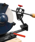 Vari-Grind Attachment For Woodturning Tools, Fingernail Profile Grinding Jig With Roll And Swing Motion Black Finish in use