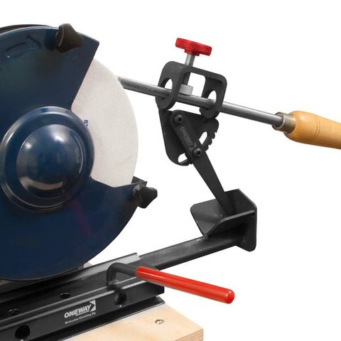 Vari-Grind Attachment For Woodturning Tools, Fingernail Profile Grinding Jig With Roll And Swing Motion Black Finish in use