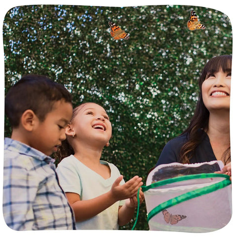Children release butterflies using the Raise And Release Butterfly Garden Kit For Kids And Classrooms With Caterpillar Habitat.